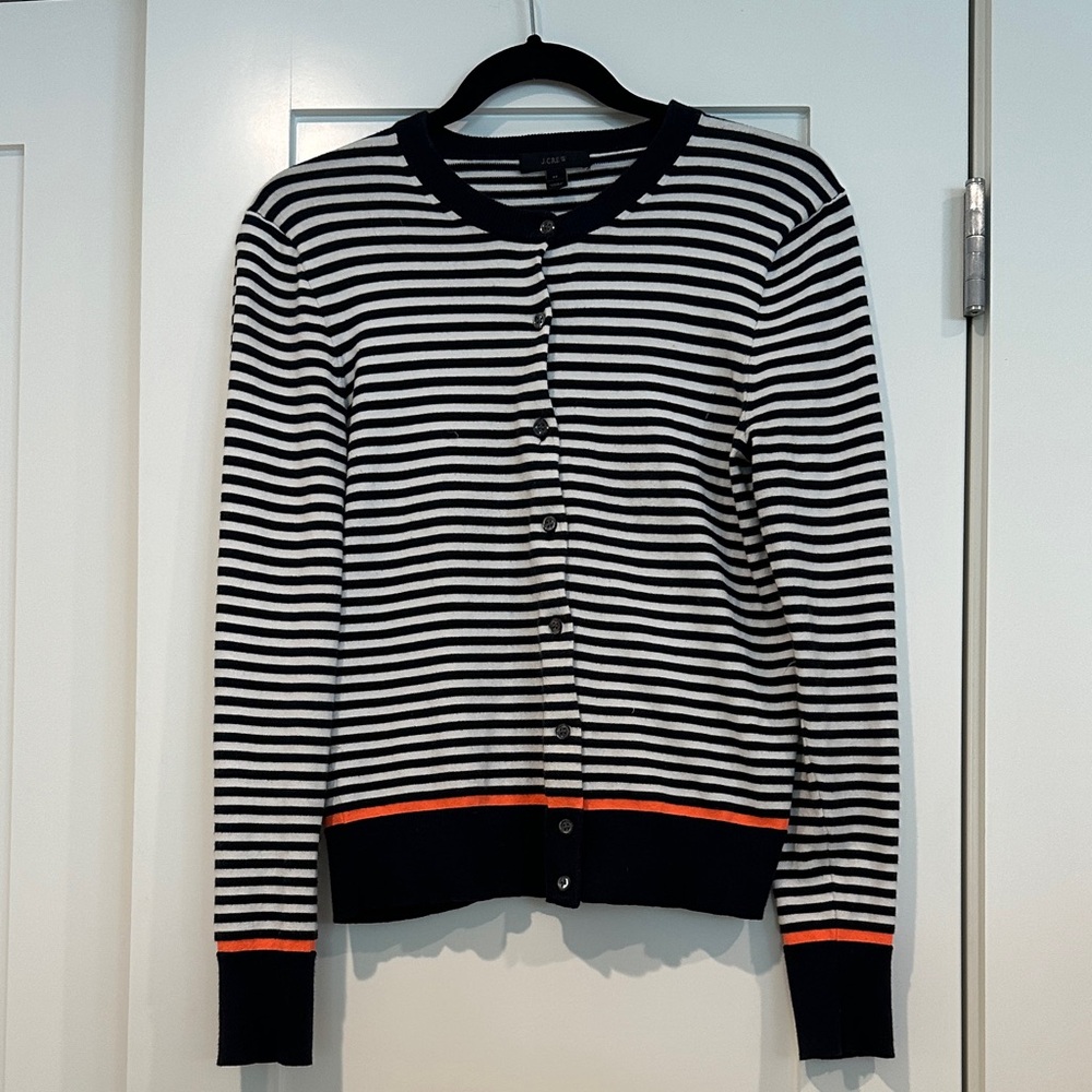 J. Crew Black and White Striped Cardigan with Orange Trim
